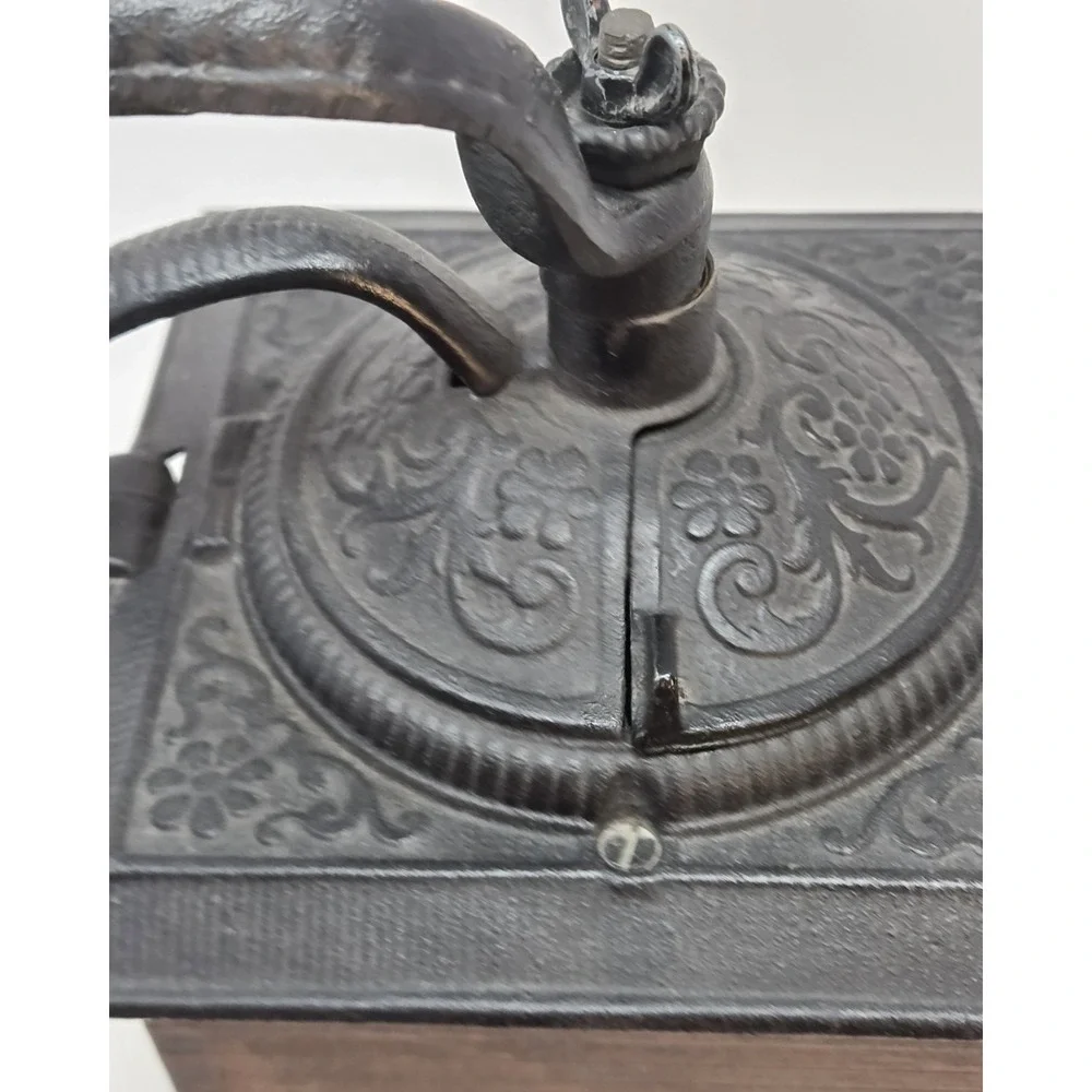 VINTAGE COFFEE GRINDER DOVETAIL WOOD WITH DRAWER & ORNATE CAST IRON TOP